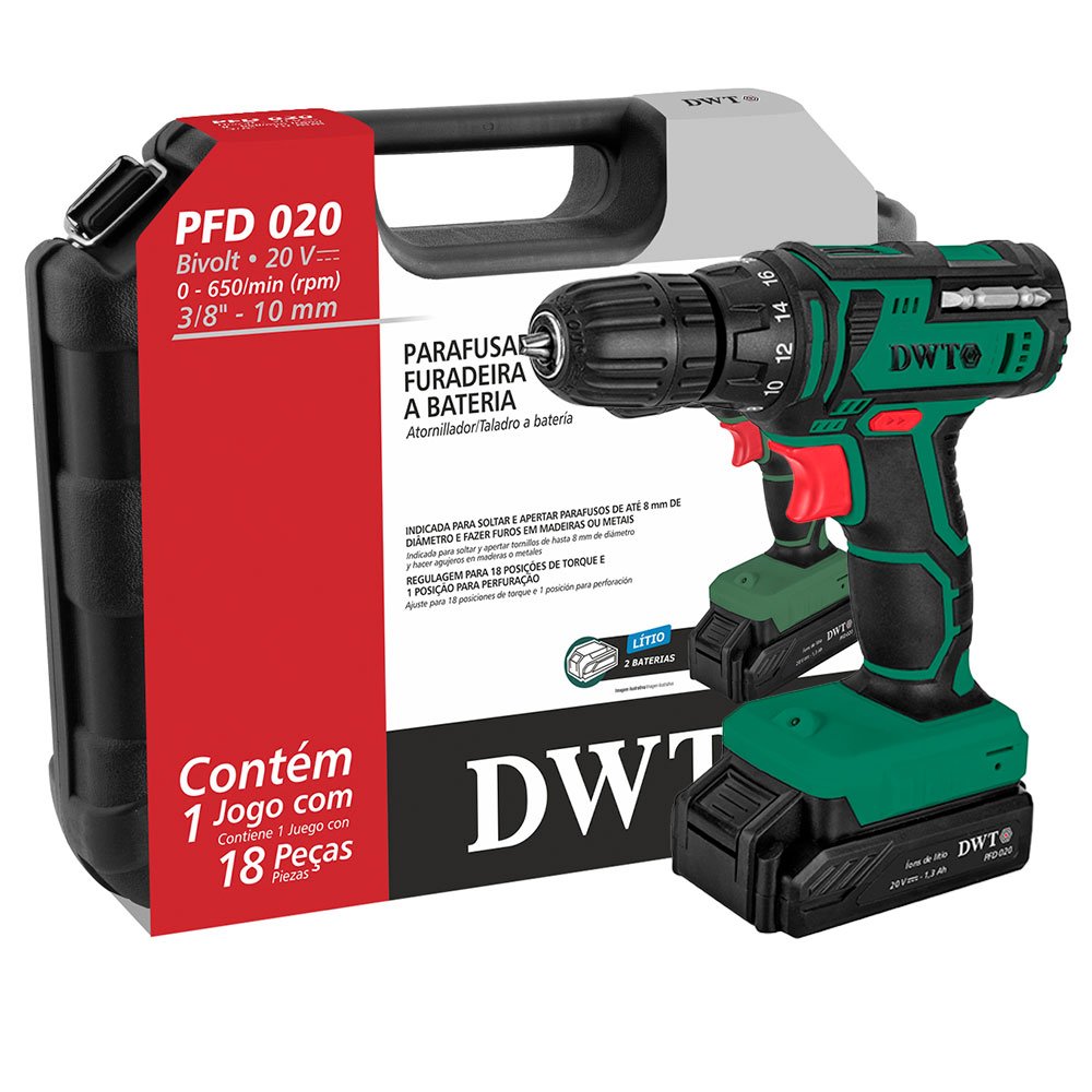 Parafusadeira Furadeira PFD020 3/8 Pol. 20V Bivolt com 18 Acessórios e Maleta DWT-6005020000
