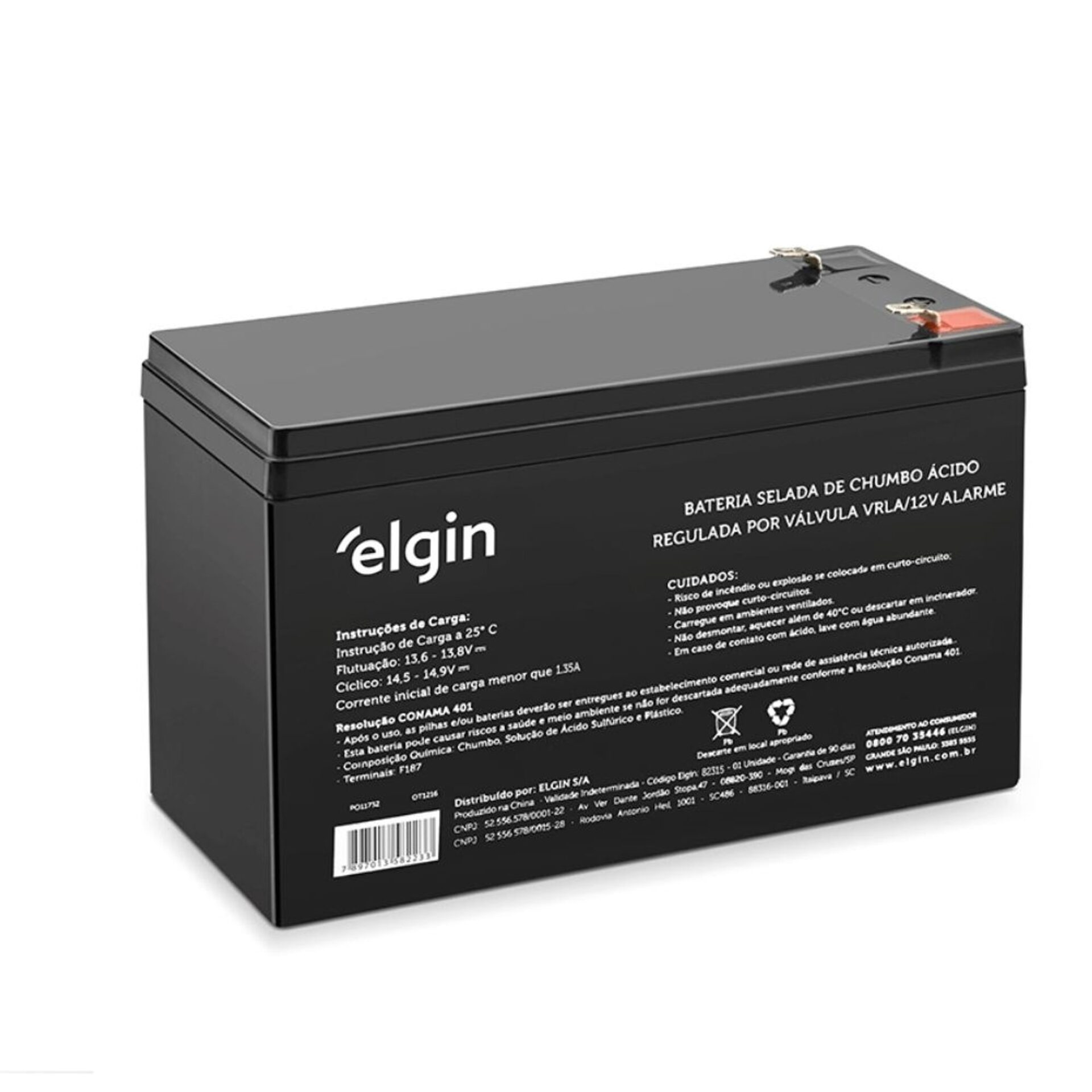 Bateria Selada de Chumbo para Sistemas de Alarme 12V 7Ah Elgin