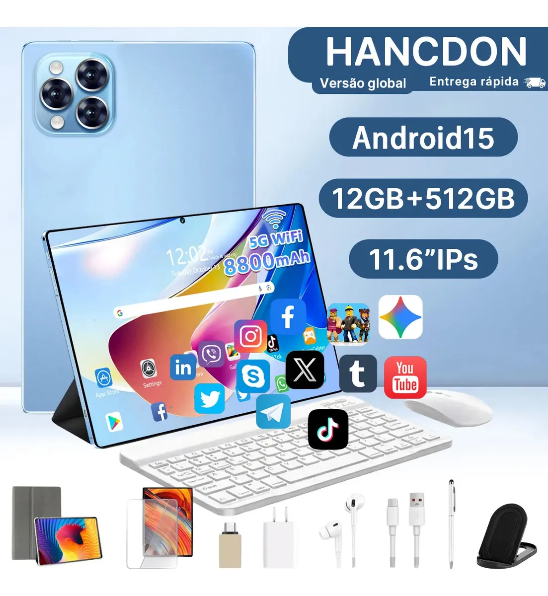 Tablet Android 15 Hancdon Tab Kit Completo Ram 12gb 512gb 11.6e#039;e#039; Hd Tela Apoia Wifi 2,4/4g/5g Dual Sim Bateria 8800mah Com Caneta+teclado E Mouse Profissional Estudo Trabalho Jogos 2 Em 1 Tablets Pc