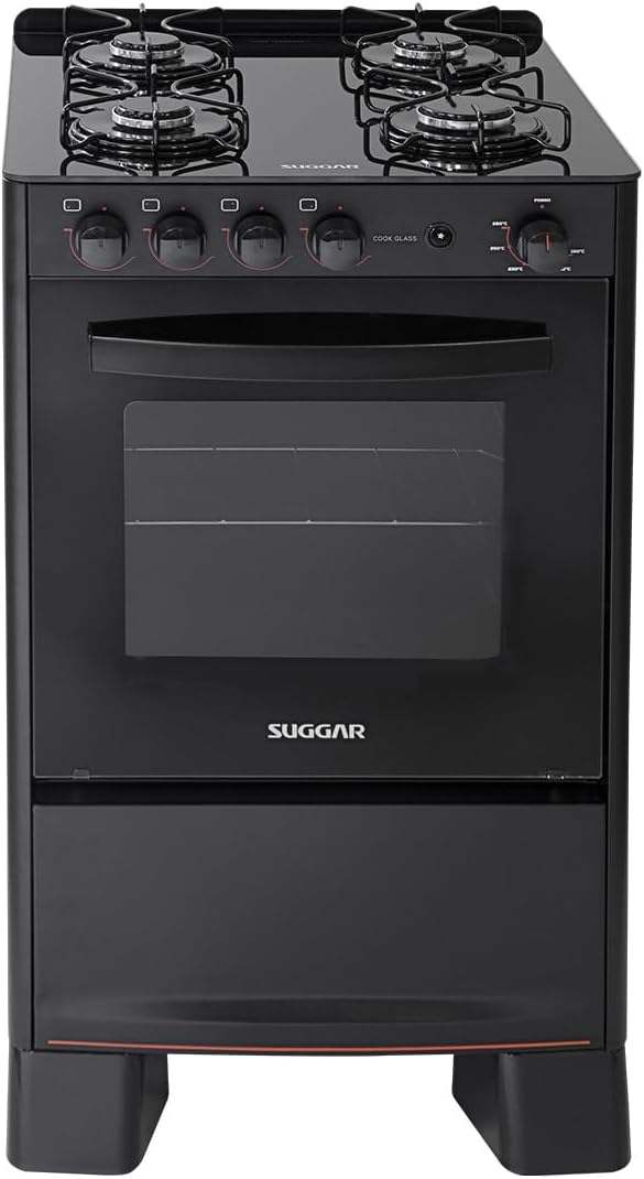 Fogão Suggar Cook Glass 4 Queimadores Mesa Vidro Preto Bivolt FGVCG410PT